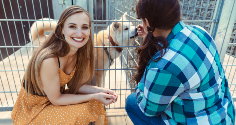 a couple kneeled down in front of a dog cage at an animal shelter.